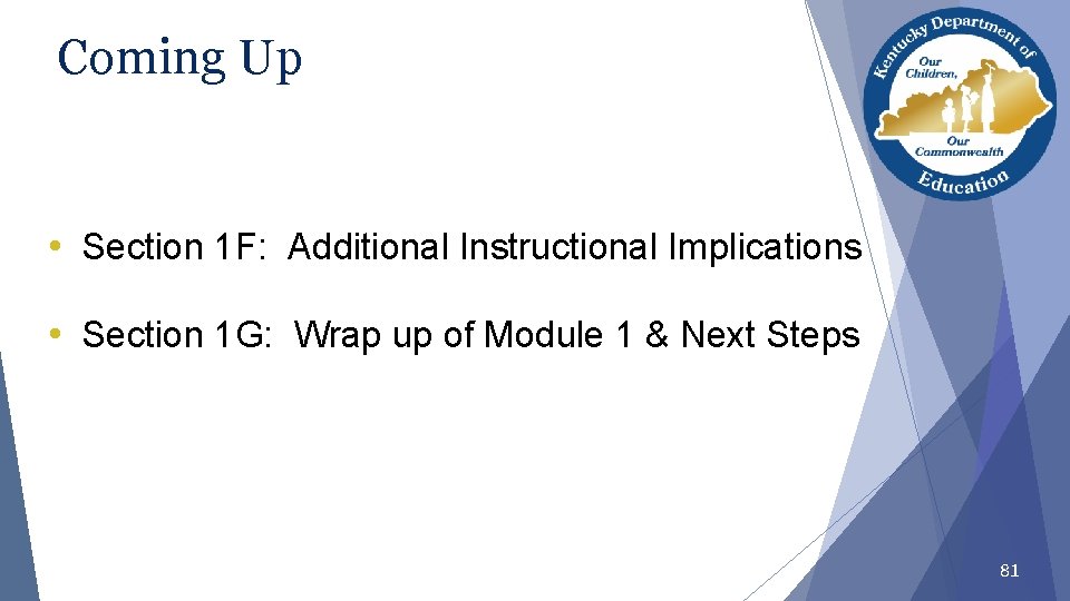 Coming Up • Section 1 F: Additional Instructional Implications • Section 1 G: Wrap