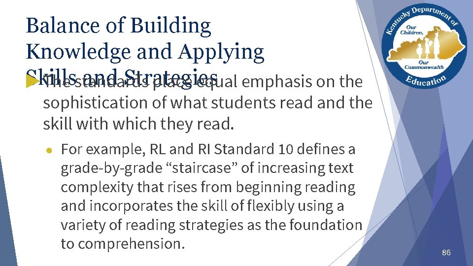 Balance of Building Knowledge and Applying Skills and Strategies ▶ The standards place equal