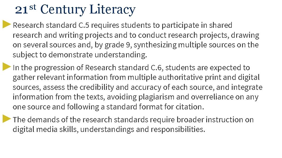 21 st Century Literacy ▶ Research standard C. 5 requires students to participate in