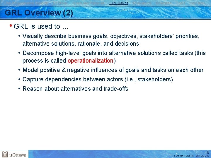 User Requirements Notation j. UCMNav Goals and Rationale GRL Basics Evaluations Examples Tools Indicators