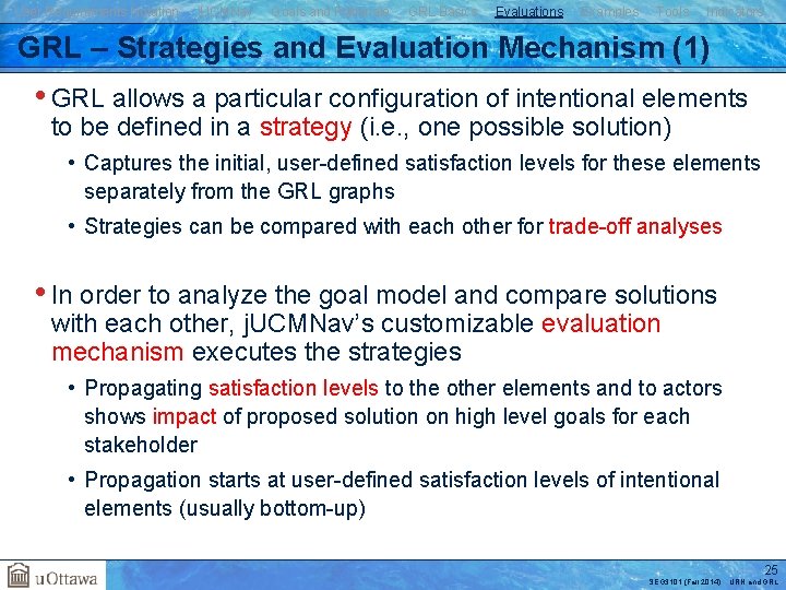 User Requirements Notation j. UCMNav Goals and Rationale GRL Basics Evaluations Examples Tools Indicators