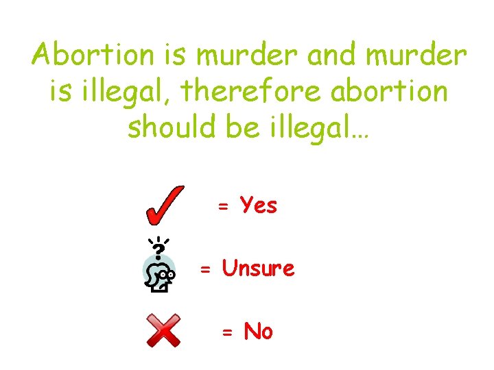 Abortion is murder and murder is illegal, therefore abortion should be illegal… = Yes Abortion is murder and murder is illegal, therefore abortion should be illegal… = Yes