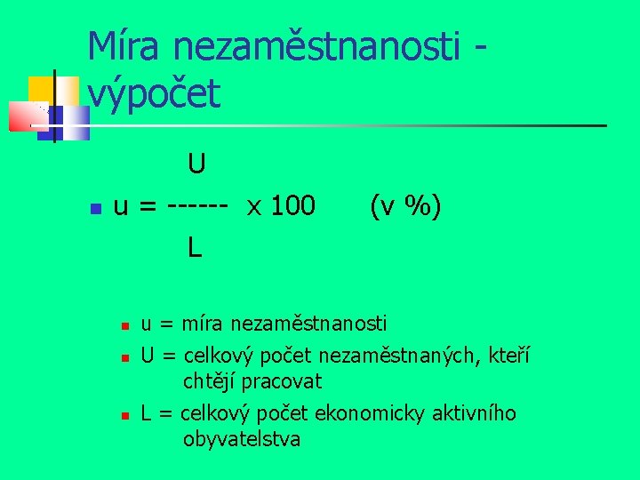 Míra nezaměstnanosti výpočet U u = ------ x 100 L (v %) u =