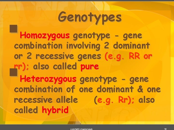 § Genotypes Homozygous genotype - gene combination involving 2 dominant or 2 recessive genes