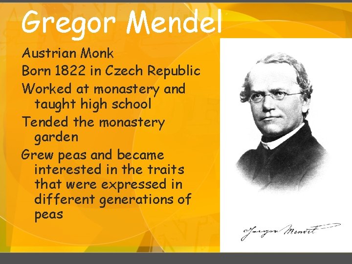 Gregor Mendel Austrian Monk Born 1822 in Czech Republic Worked at monastery and taught