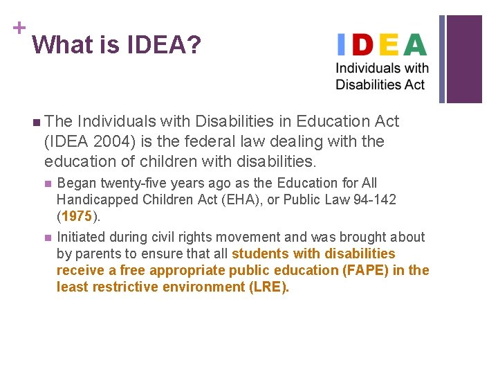 + What is IDEA? n The Individuals with Disabilities in Education Act (IDEA 2004)