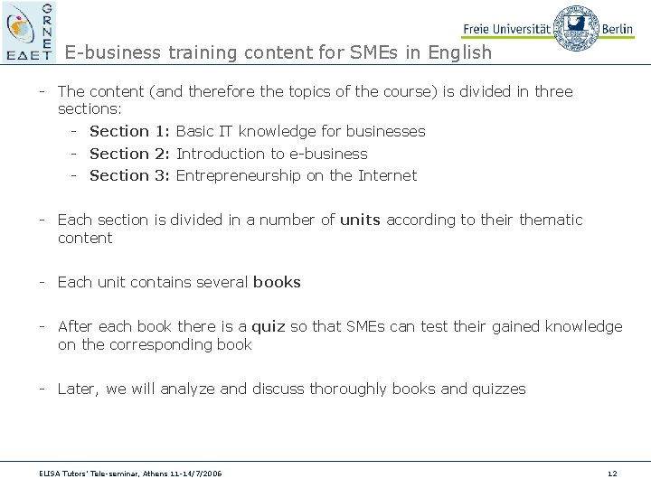 E-business training content for SMEs in English - The content (and therefore the topics