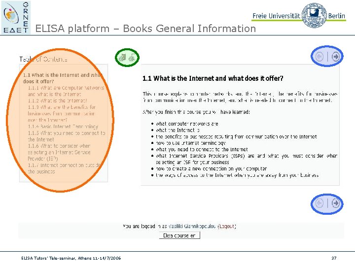 ELISA platform – Books General Information ELISA Tutors’ Tele-seminar, Athens 11 -14/7/2006 37 