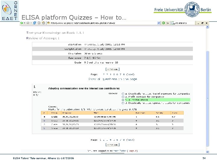 ELISA platform Quizzes – How to… ELISA Tutors’ Tele-seminar, Athens 11 -14/7/2006 54 