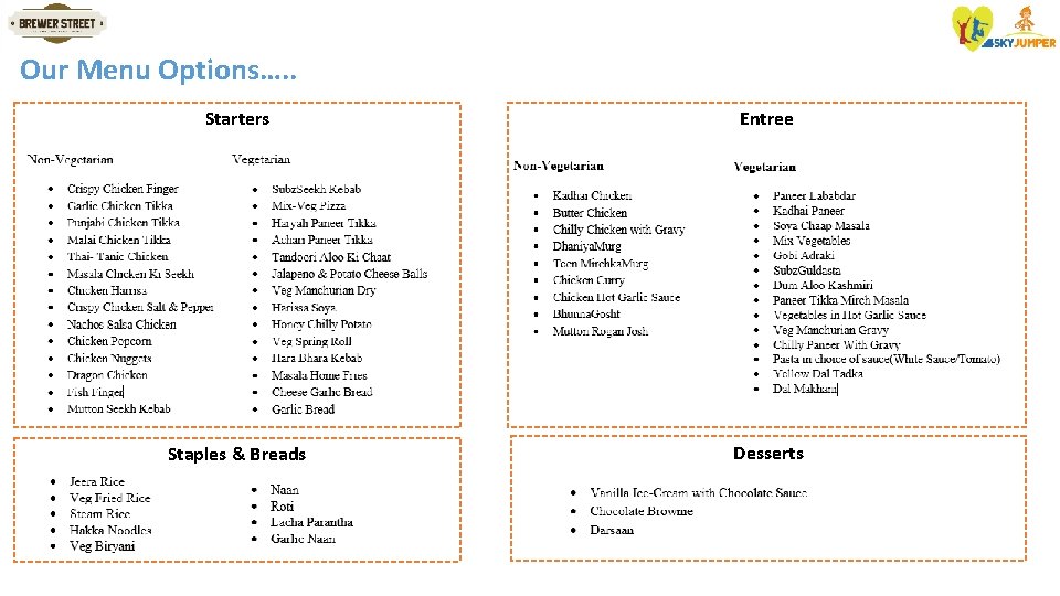 Our Menu Options…. . Starters Entree Staples & Breads Desserts 