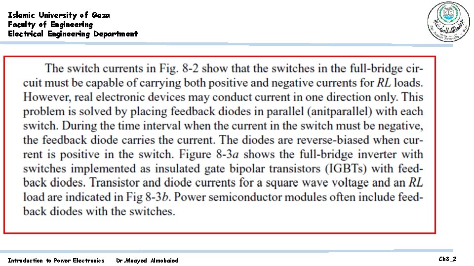 Islamic University of Gaza Faculty of Engineering Electrical Engineering Department Introduction to Power Electronics