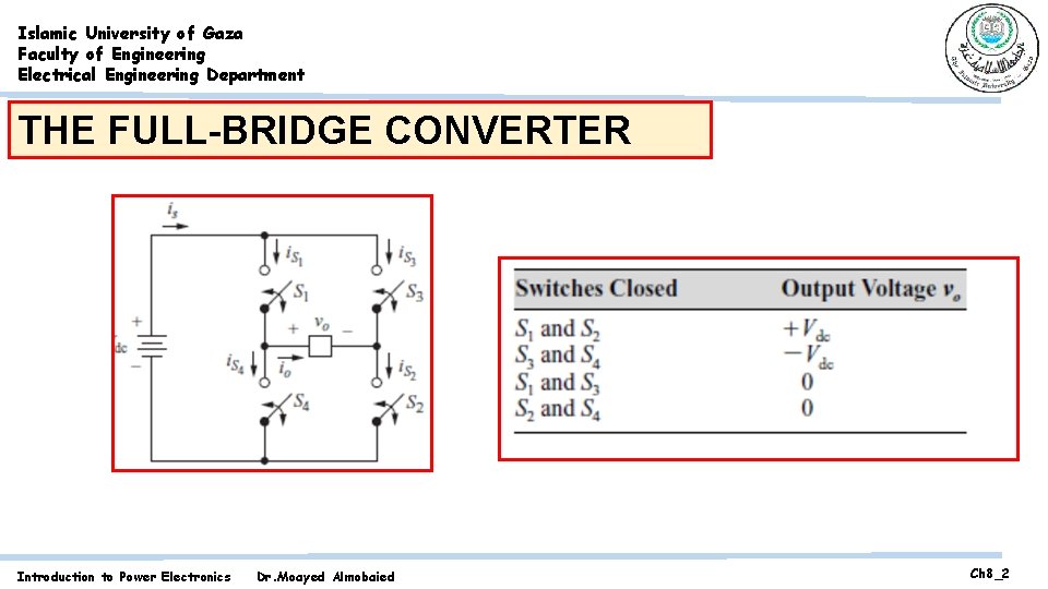 Islamic University of Gaza Faculty of Engineering Electrical Engineering Department THE FULL-BRIDGE CONVERTER Introduction