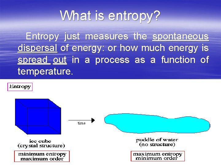 What is entropy? Entropy just measures the spontaneous dispersal of energy: or how much