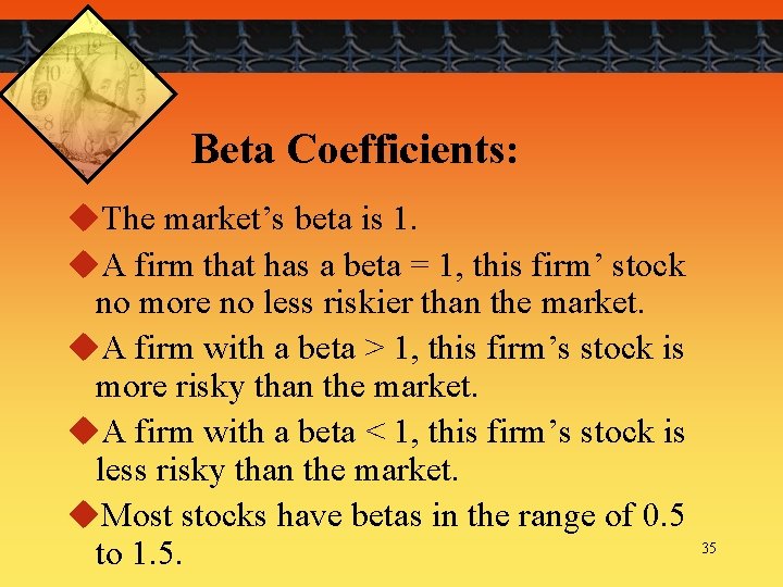 Beta Coefficients: u. The market’s beta is 1. u. A firm that has a