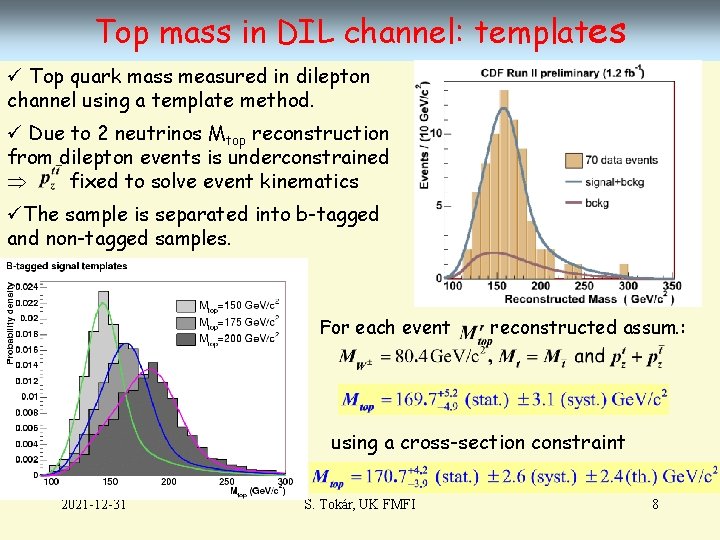 Top mass in DIL channel: templates ü Top quark mass measured in dilepton channel