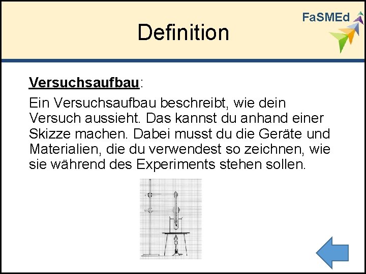 Definition Fa. SMEd Versuchsaufbau: Ein Versuchsaufbau beschreibt, wie dein Versuch aussieht. Das kannst du