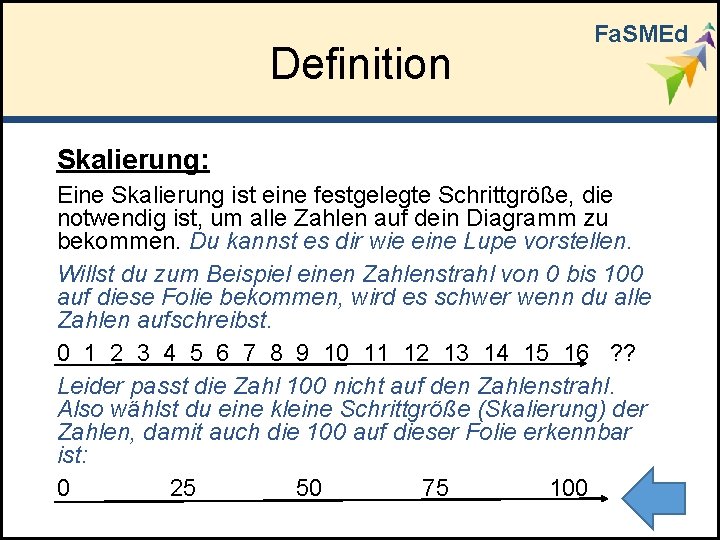 Definition Fa. SMEd Skalierung: Eine Skalierung ist eine festgelegte Schrittgröße, die notwendig ist, um