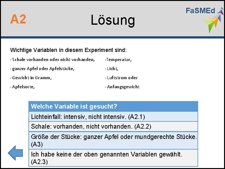 Lösung A 2 Fa. SMEd Wichtige Variablen in diesem Experiment sind: - Schale vorhanden