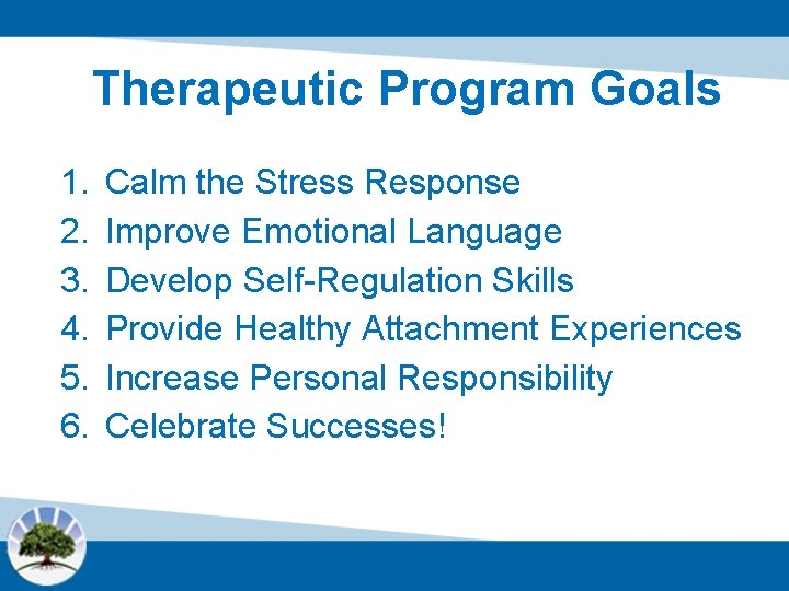 Therapeutic Program Goals 1. 2. 3. 4. 5. 6. Calm the Stress Response Improve