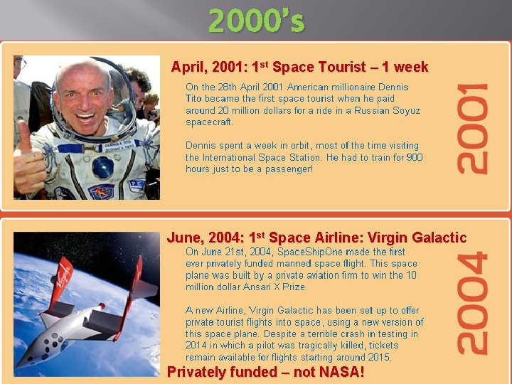 2000’s April, 2001: 1 st Space Tourist – 1 week June, 2004: 1 st