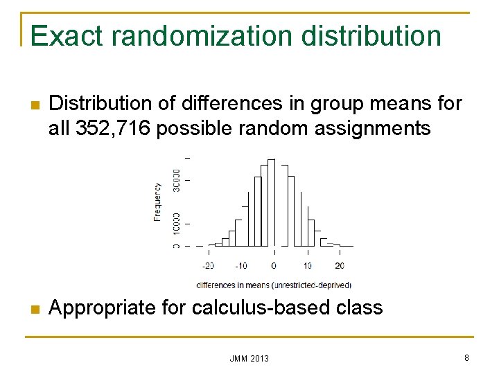 Exact randomization distribution n Distribution of differences in group means for all 352, 716