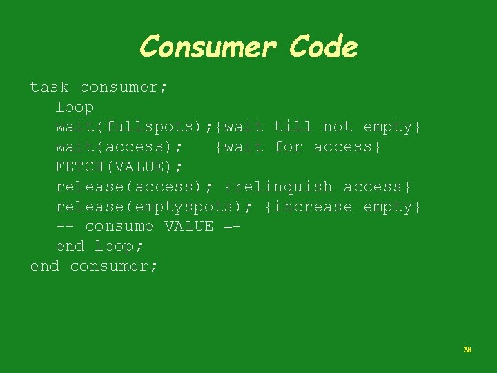 Consumer Code task consumer; loop wait(fullspots); {wait till not empty} wait(access); {wait for access}