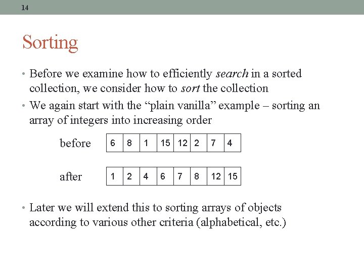 14 Sorting • Before we examine how to efficiently search in a sorted collection,