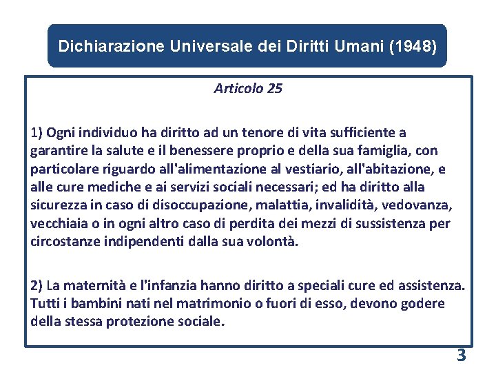 Dichiarazione Universale dei Diritti Umani (1948) Articolo 25 1) Ogni individuo ha diritto ad