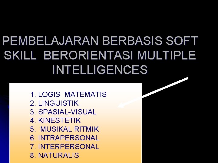 PEMBELAJARAN BERBASIS SOFT SKILL BERORIENTASI MULTIPLE INTELLIGENCES 1. LOGIS MATEMATIS 2. LINGUISTIK 3. SPASIAL-VISUAL