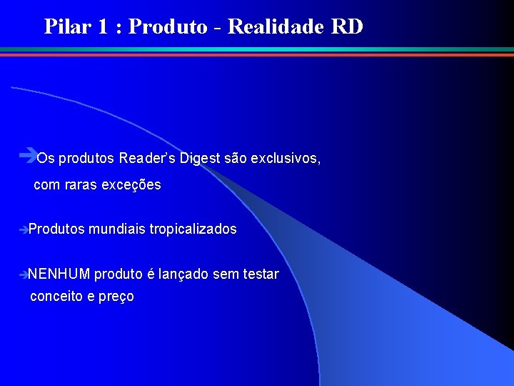 Pilar 1 : Produto - Realidade RD èOs produtos Reader’s Digest são exclusivos, com