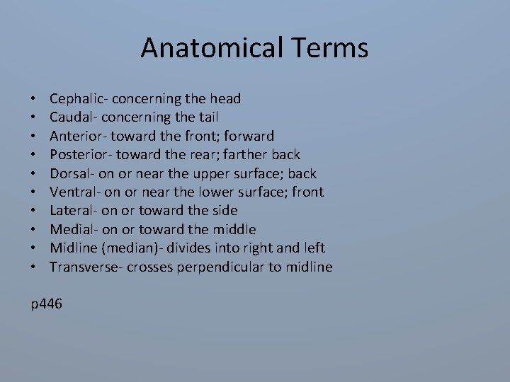 Anatomical Terms • • • Cephalic- concerning the head Caudal- concerning the tail Anterior-