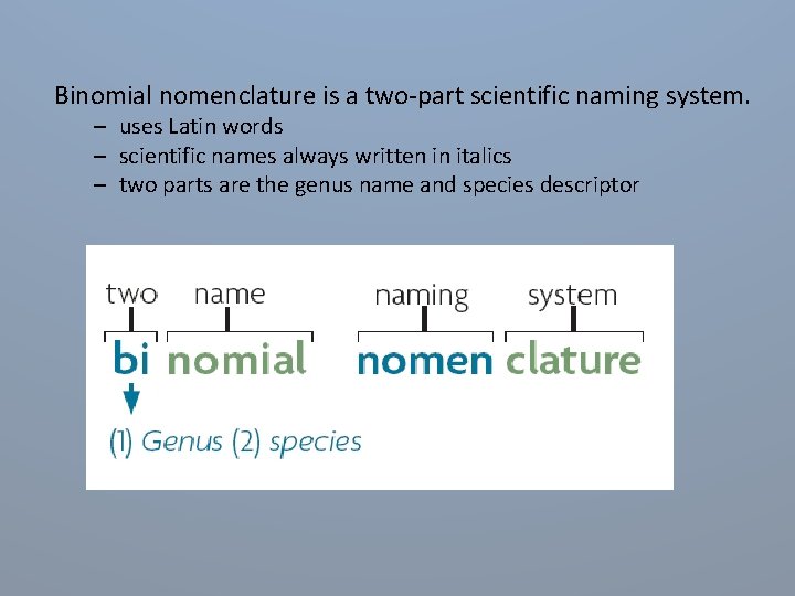 Binomial nomenclature is a two-part scientific naming system. – uses Latin words – scientific