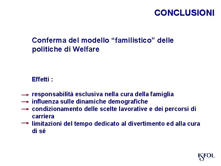 CONCLUSIONI Conferma del modello “familistico” delle politiche di Welfare Effetti : responsabilità esclusiva nella