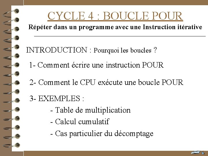 CYCLE 4 : BOUCLE POUR Répéter dans un programme avec une Instruction itérative INTRODUCTION