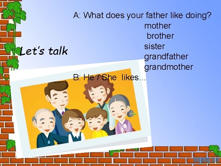 Let’s talk A: What does your father like doing? mother brother sister grandfather grandmother