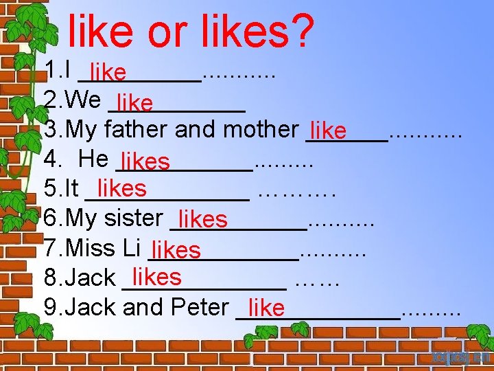 like or likes? 1. I _____. . . like 2. We _____ like 3.