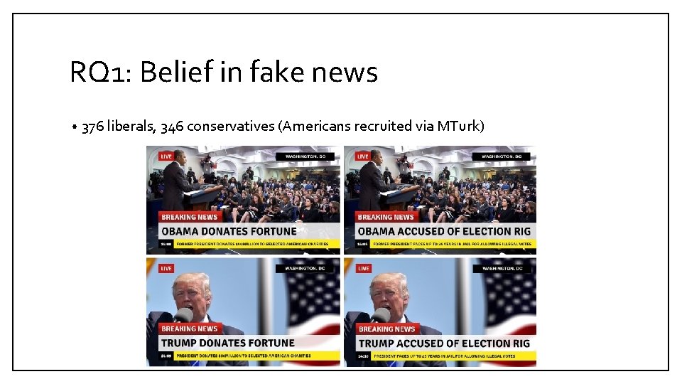 RQ 1: Belief in fake news • 376 liberals, 346 conservatives (Americans recruited via