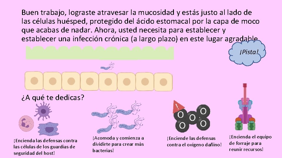 Buen trabajo, lograste atravesar la mucosidad y estás justo al lado de las células