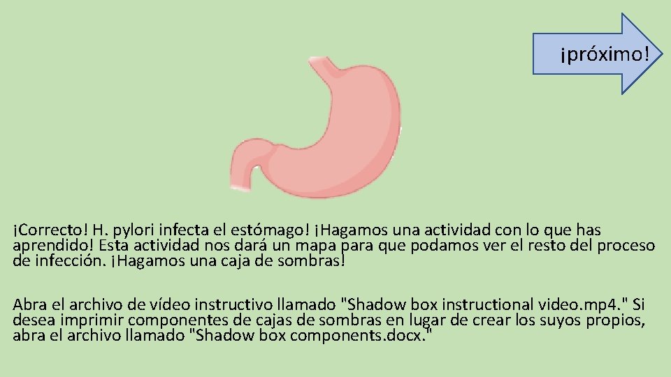 ¡próximo! ¡Correcto! H. pylori infecta el estómago! ¡Hagamos una actividad con lo que has