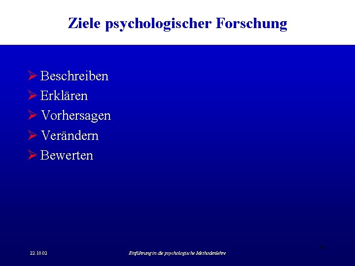 Ziele psychologischer Forschung Ø Beschreiben Ø Erklären Ø Vorhersagen Ø Verändern Ø Bewerten 20