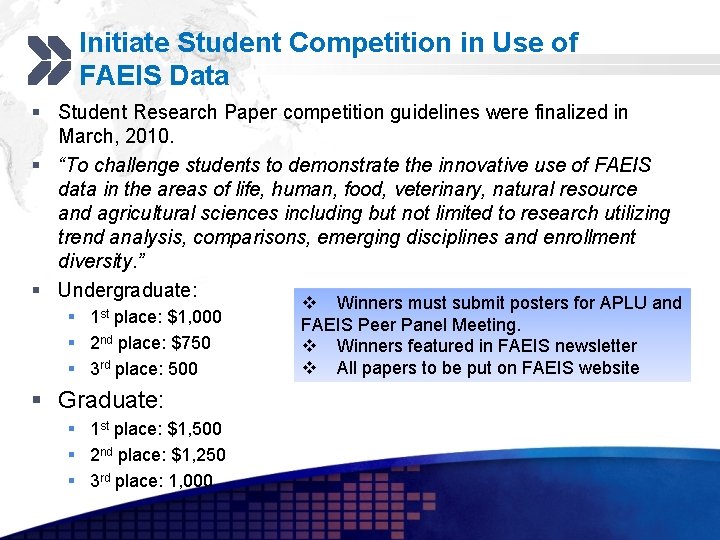 Add your company slogan Initiate Student Competition in Use of FAEIS Data § Student