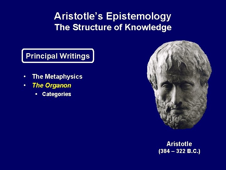 Aristotle’s Epistemology The Structure of Knowledge Principal Writings • The Metaphysics • The Organon