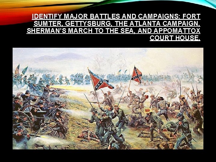 IDENTIFY MAJOR BATTLES AND CAMPAIGNS: FORT SUMTER, GETTYSBURG, THE ATLANTA CAMPAIGN, SHERMAN’S MARCH TO
