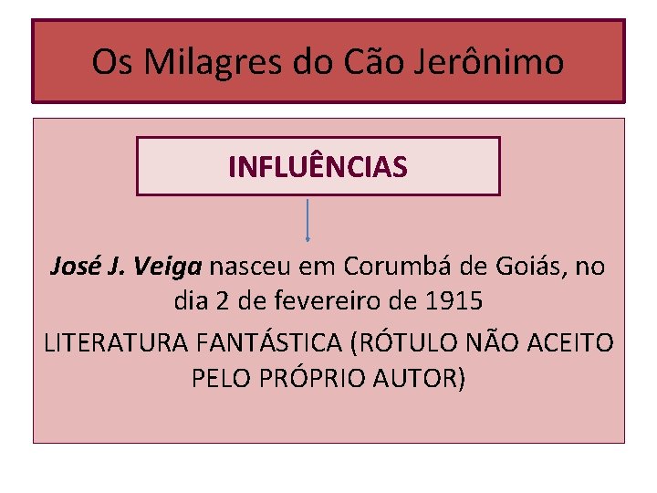 Os Milagres do Cão Jerônimo INFLUÊNCIAS José J. Veiga nasceu em Corumbá de Goiás, Os Milagres do Cão Jerônimo INFLUÊNCIAS José J. Veiga nasceu em Corumbá de Goiás,