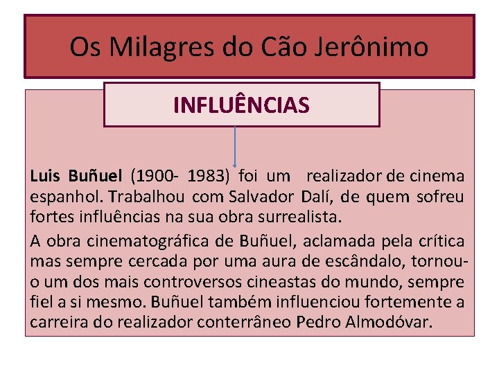 Os Milagres do Cão Jerônimo INFLUÊNCIAS Luis Buñuel (1900 - 1983) foi um realizador Os Milagres do Cão Jerônimo INFLUÊNCIAS Luis Buñuel (1900 - 1983) foi um realizador