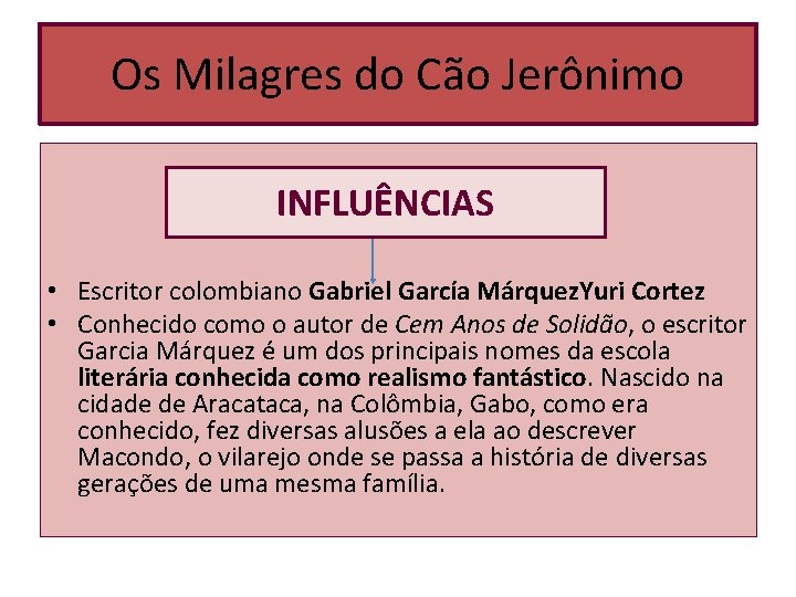 Os Milagres do Cão Jerônimo INFLUÊNCIAS • Escritor colombiano Gabriel García Márquez. Yuri Cortez Os Milagres do Cão Jerônimo INFLUÊNCIAS • Escritor colombiano Gabriel García Márquez. Yuri Cortez