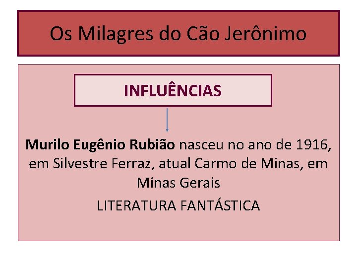 Os Milagres do Cão Jerônimo INFLUÊNCIAS Murilo Eugênio Rubião nasceu no ano de 1916, Os Milagres do Cão Jerônimo INFLUÊNCIAS Murilo Eugênio Rubião nasceu no ano de 1916,