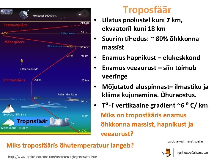 Troposfäär • Ulatus poolustel kuni 7 km, ekvaatoril kuni 18 km • Suurim tihedus: