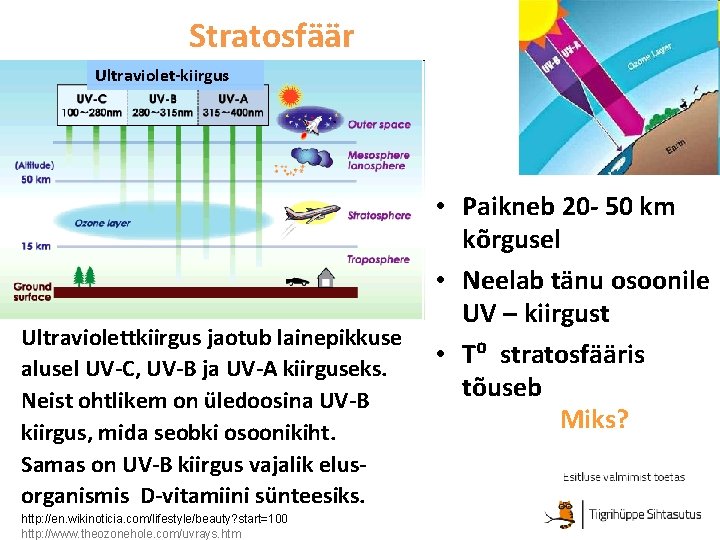 Stratosfäär Ultraviolet-kiirgus Ultraviolettkiirgus jaotub lainepikkuse alusel UV-C, UV-B ja UV-A kiirguseks. Neist ohtlikem on