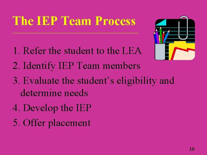 The IEP Team Process ____________________________ 1. Refer the student to the LEA 2. Identify